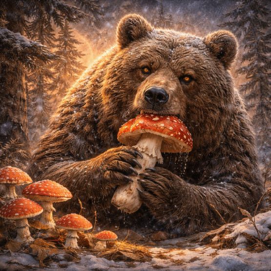 Медведь питается мухомором